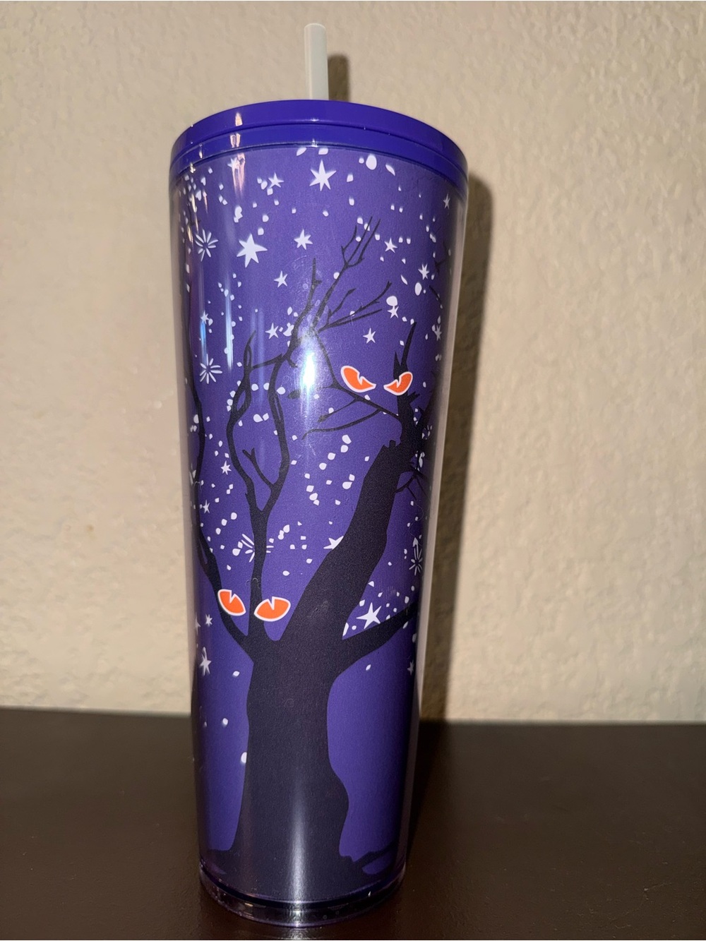 Starbucks Glow In The Dark Purple Halloween Tree Eyes with Straw